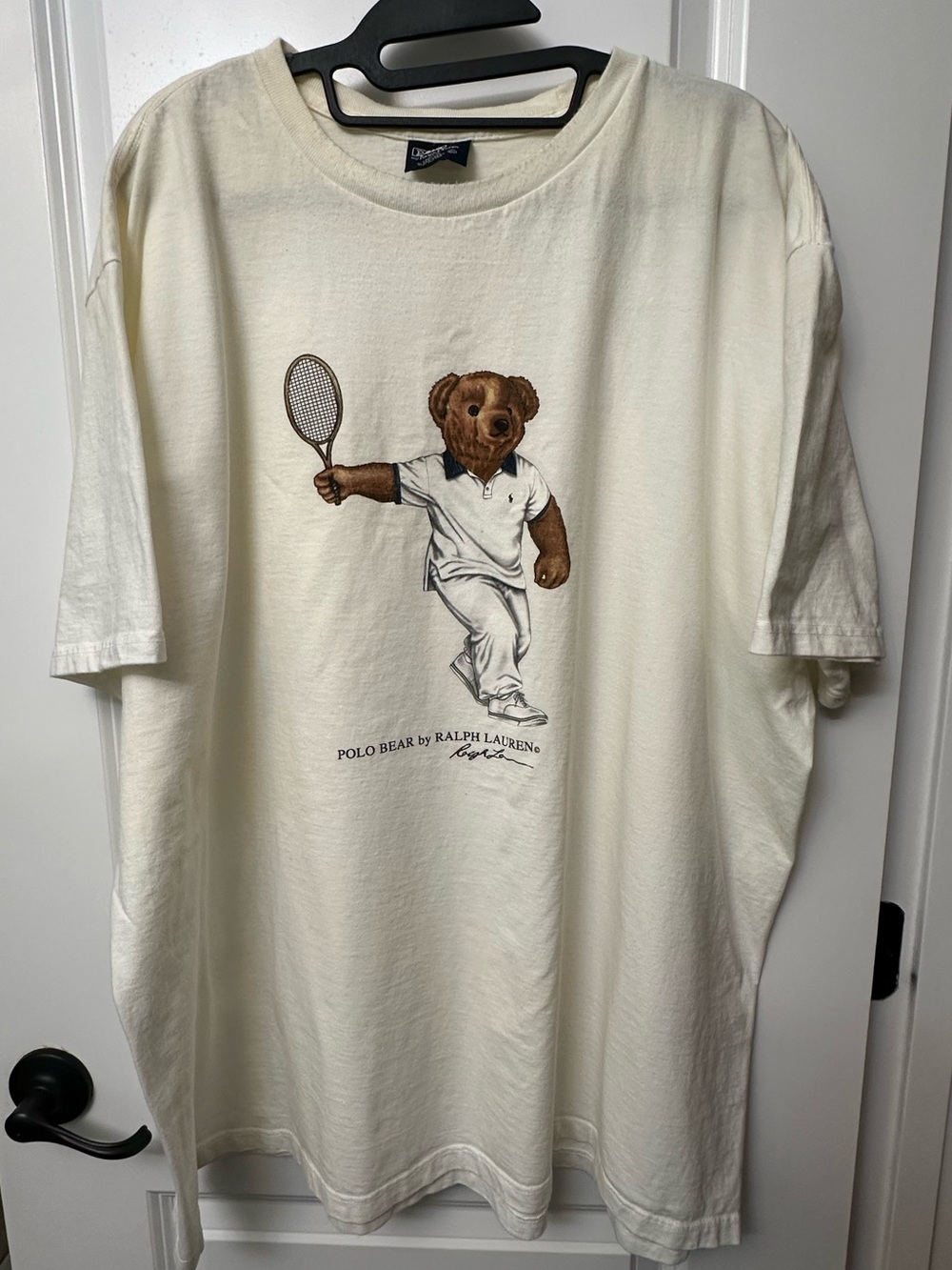 Vintage Polo Ralph Lauren Tennis Bear Graphic T-Shirt Off White/Cream - Size XXL
